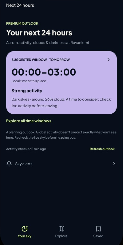 Aurora Signal app showing an example Premium planning outlook
