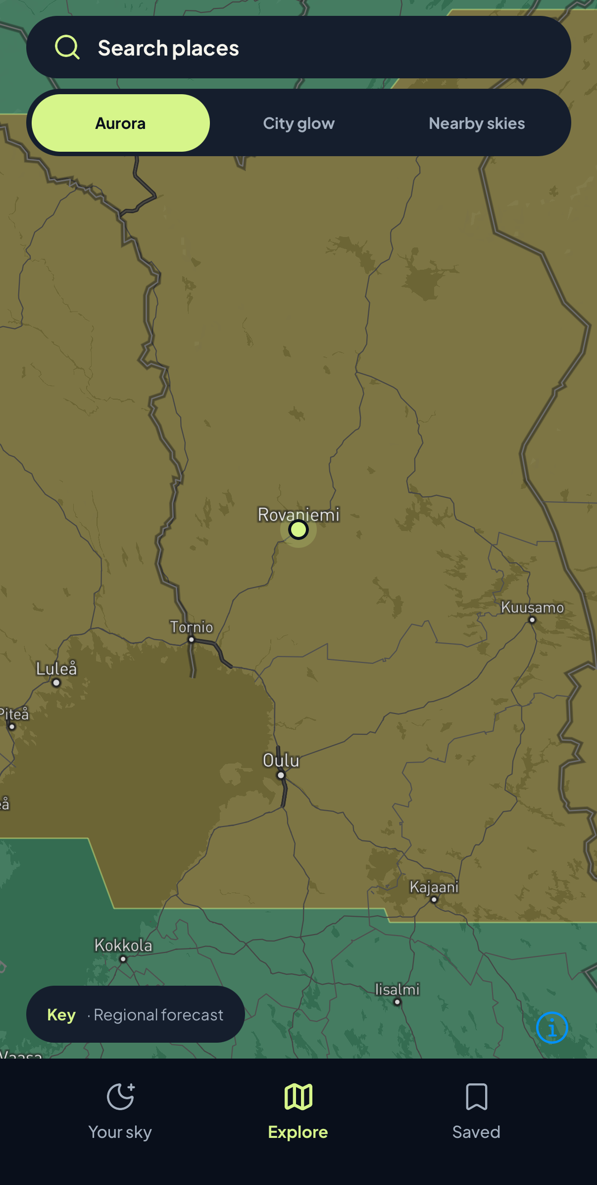 Aurora Signal app showing its aurora activity map